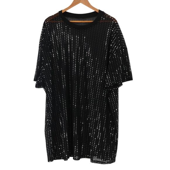 Black Mesh Sequin Tunic Dress Oversized Sheer T-Shirt Mini Clubwear One Size - Picture 1 of 6
